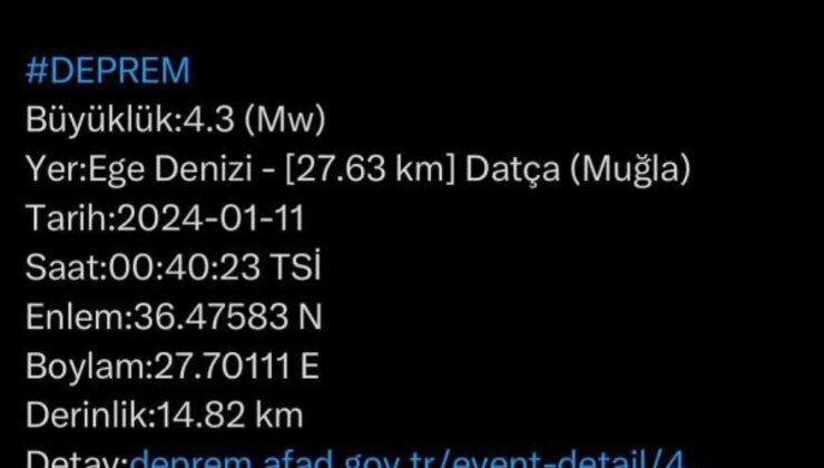 Muğla’nın Datça ilçesi açıklarında 4.3 büyüklüğünde zelzele