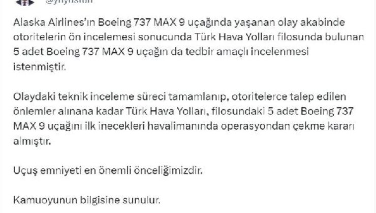 THY, Boeing 737 MAX 9 uçaklarını önlem emelli olarak yere indirdi